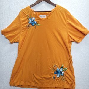 Alfred Dunner Floral Top Shirt Womens Large Boho Embroidered Fall Fairy Cotton